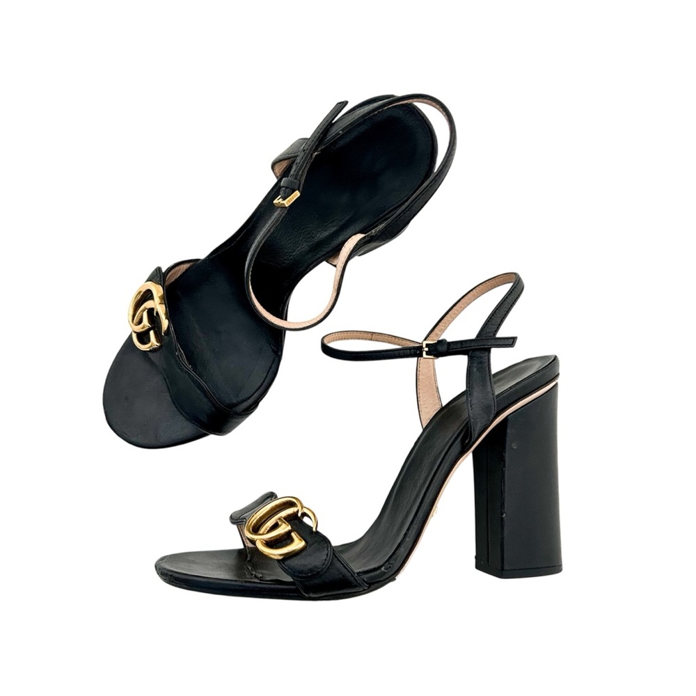 Gucci Marmont GG Logo High Block Heel Ankle Strap Sandals Black Leather EU 39.5